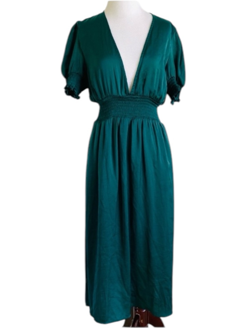 Lulus Lille Midi Dress Emerald Large Green Satin Smocked Puff Cottagecore Boho